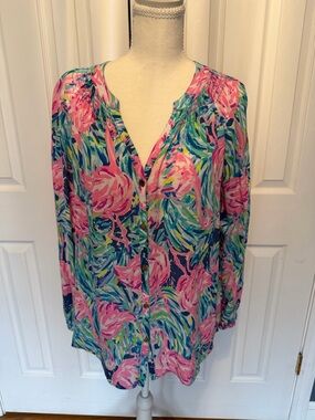Lilly Pulitzer Pink & Blue Flamingo-Print Button Front Blouse